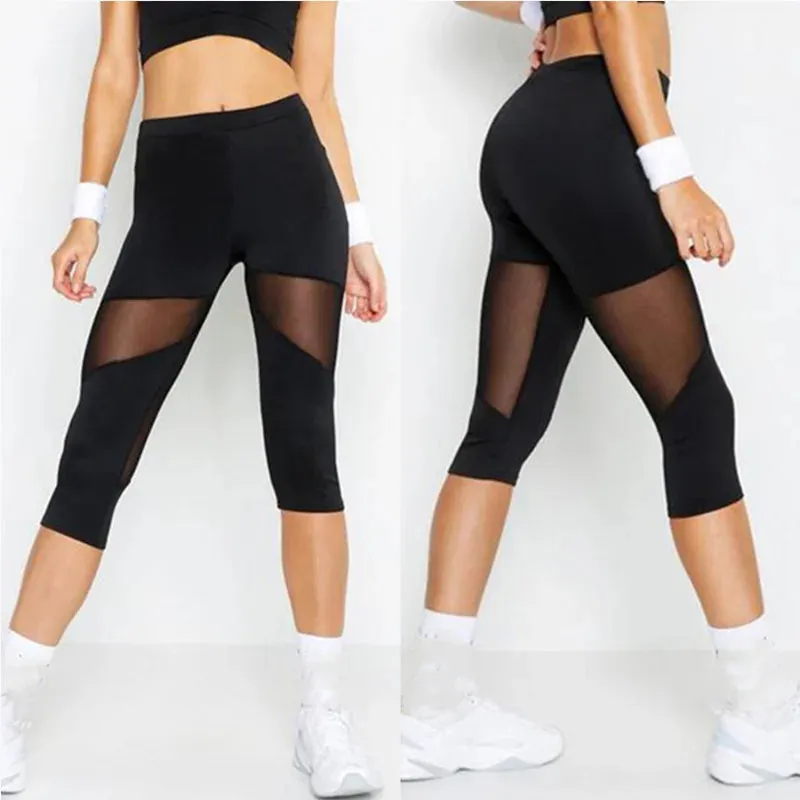 Stylish Black Mesh Patchwork Fitness Leggings for Women - Elastic Capri Jeggings Perfect for Yoga and Workouts