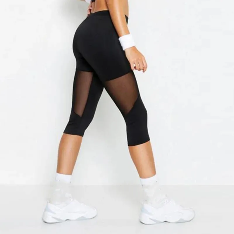 Stylish Black Mesh Patchwork Fitness Leggings for Women - Elastic Capri Jeggings Perfect for Yoga and Workouts