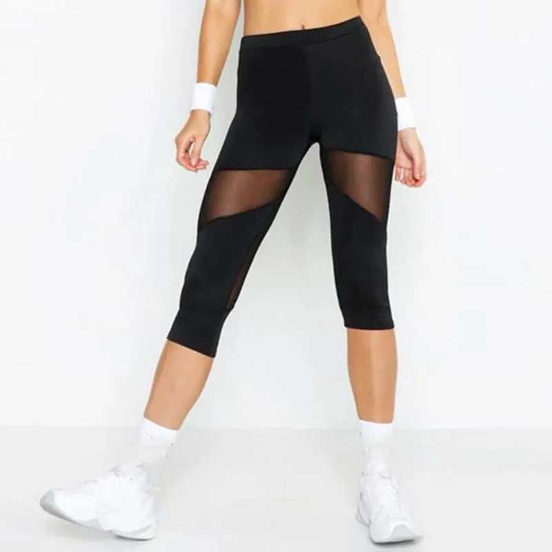 Stylish Black Mesh Patchwork Fitness Leggings for Women - Elastic Capri Jeggings Perfect for Yoga and Workouts