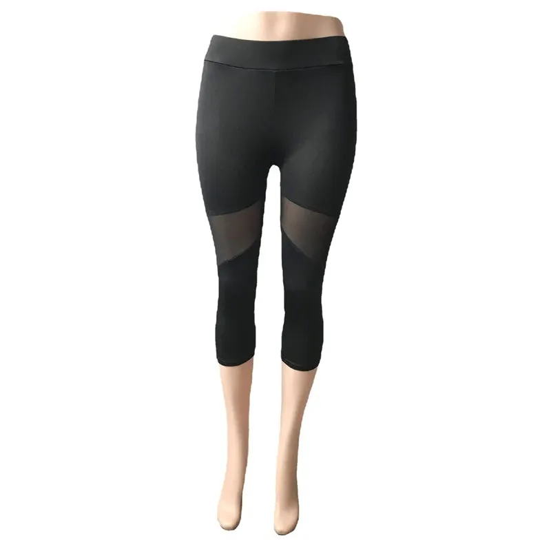 Stylish Black Mesh Patchwork Fitness Leggings for Women - Elastic Capri Jeggings Perfect for Yoga and Workouts