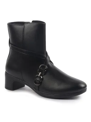 Women Black High Ankle Elegant Slip On Winter Boots|Flared Heel Casual Shoes for Work|Office