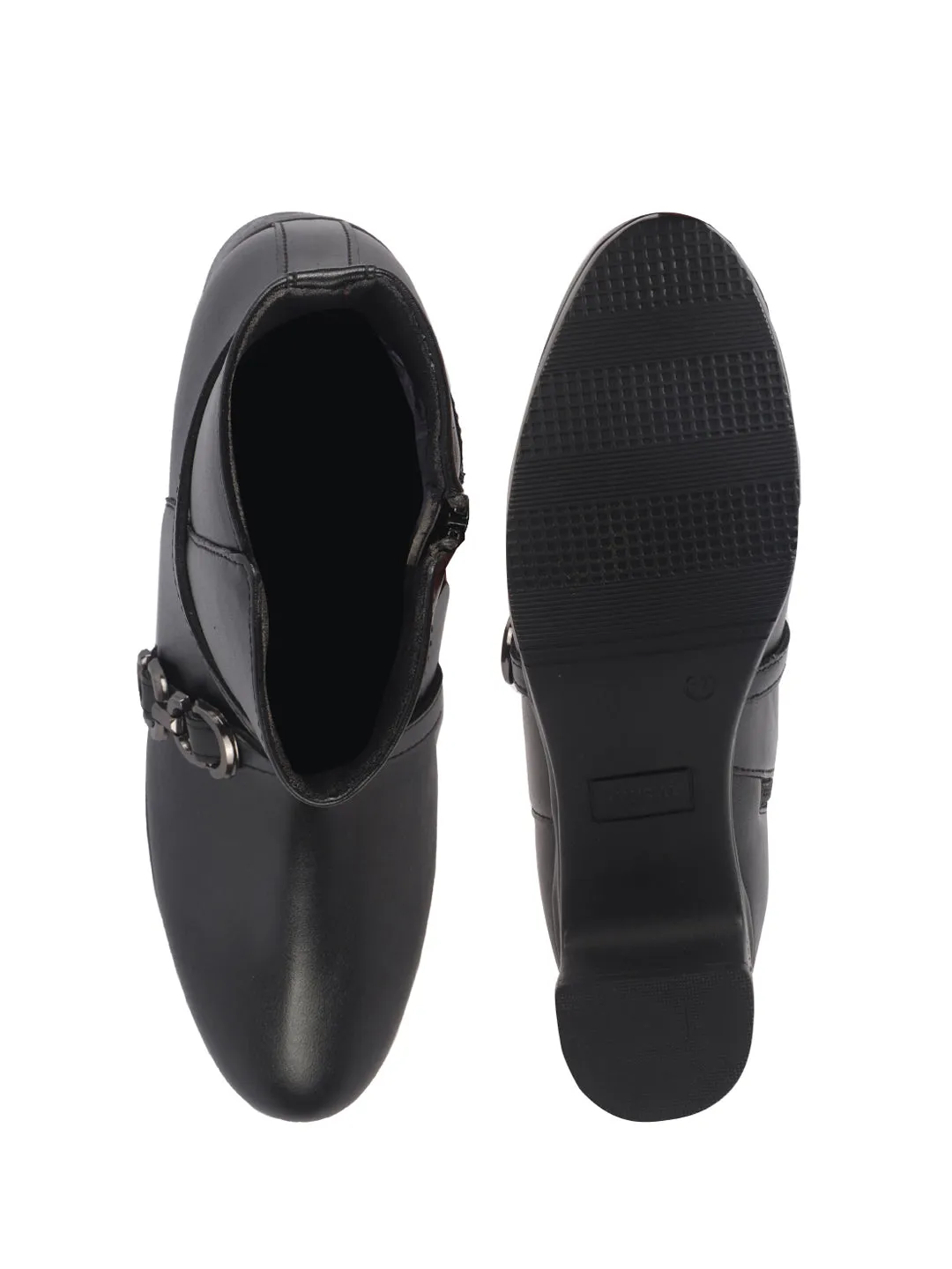 Women Black High Ankle Elegant Slip On Winter Boots|Flared Heel Casual Shoes for Work|Office