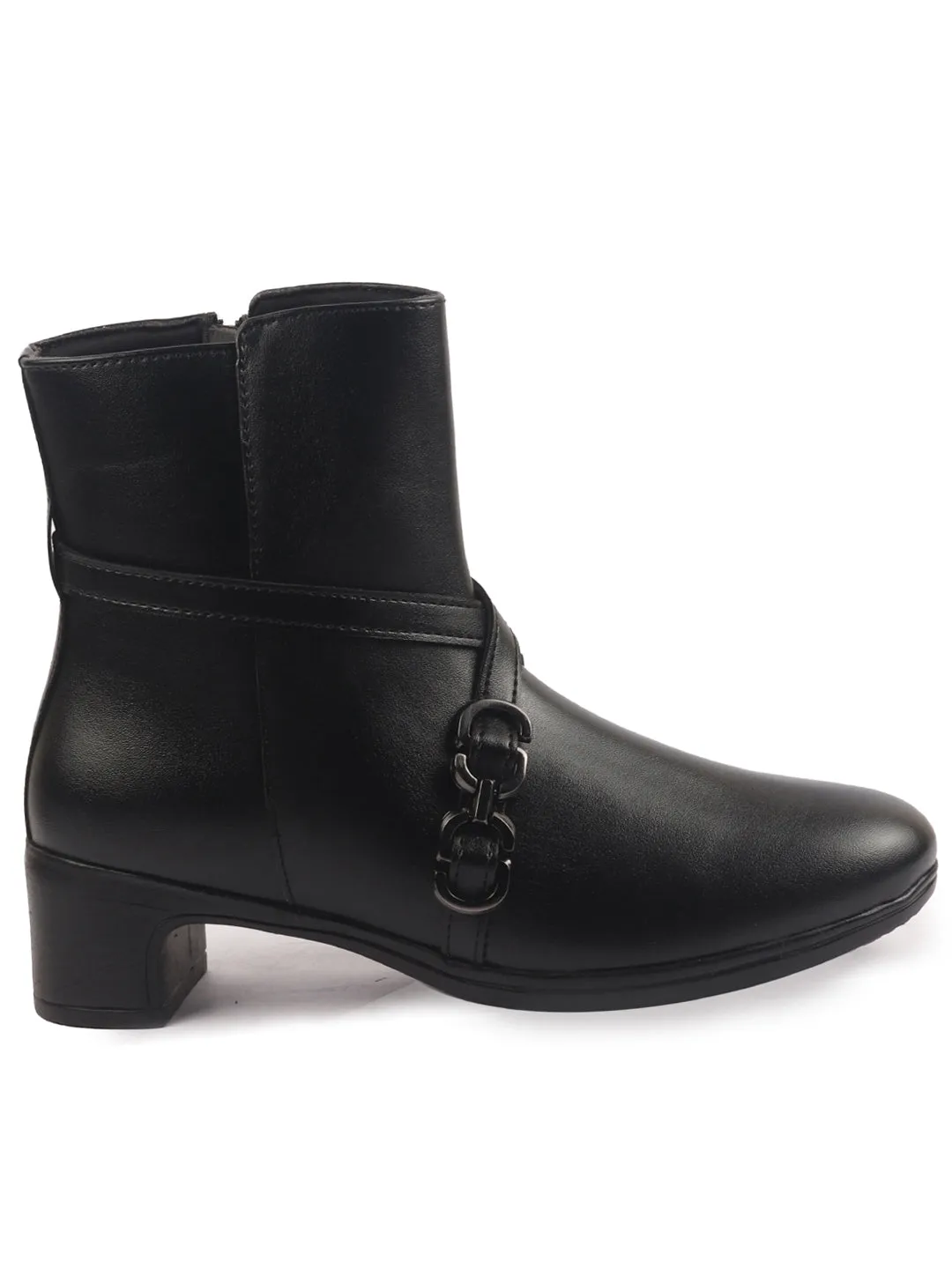 Women Black High Ankle Elegant Slip On Winter Boots|Flared Heel Casual Shoes for Work|Office