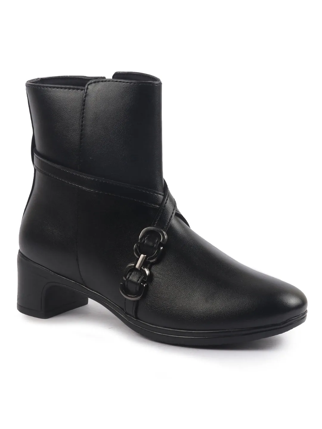 Women Black High Ankle Elegant Slip On Winter Boots|Flared Heel Casual Shoes for Work|Office