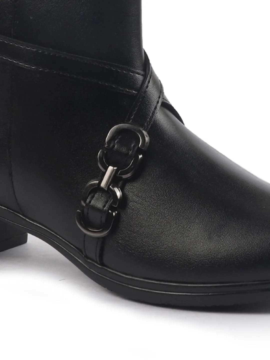 Women Black High Ankle Elegant Slip On Winter Boots|Flared Heel Casual Shoes for Work|Office