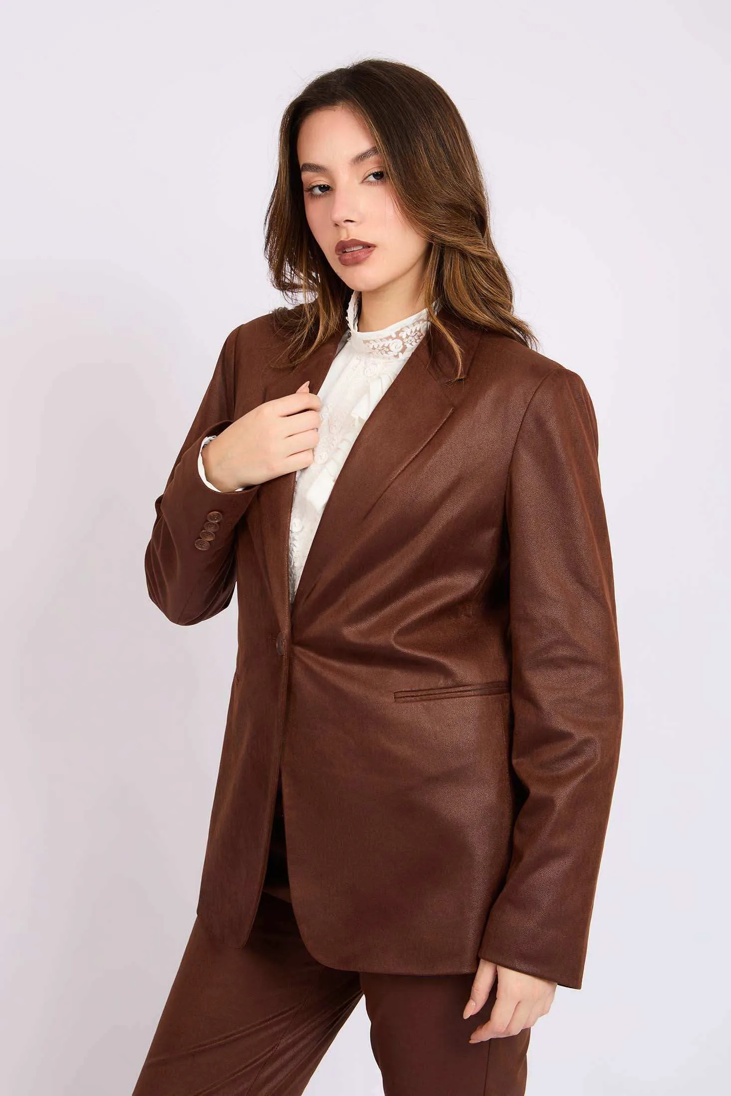 Women Suede Blazer Brown