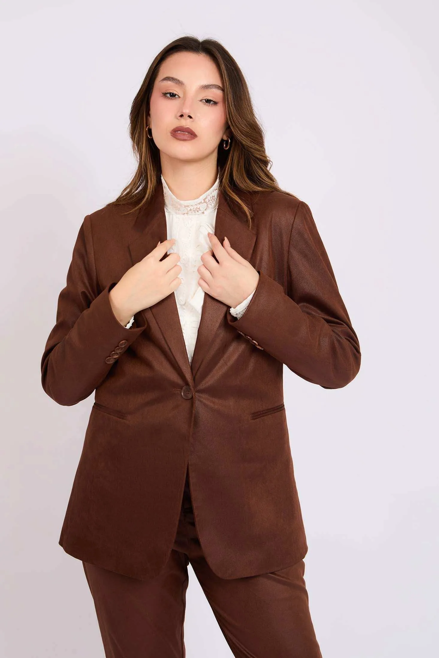 Women Suede Blazer Brown