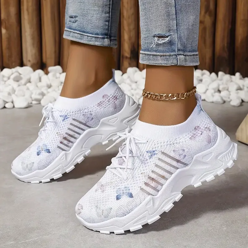 Women's Butterfly Pattern Sneakers - Lace-Up, Breathable Knit Low Top Shoes