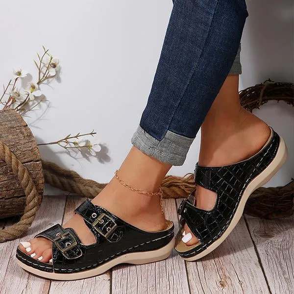 Women's Casual Metal Buckle Wedge Plaid Flip Flops 55945780S